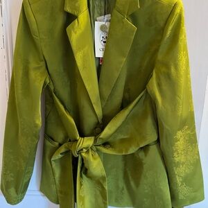 Cider Green Blazer with Tie Waist and Classic Lapels